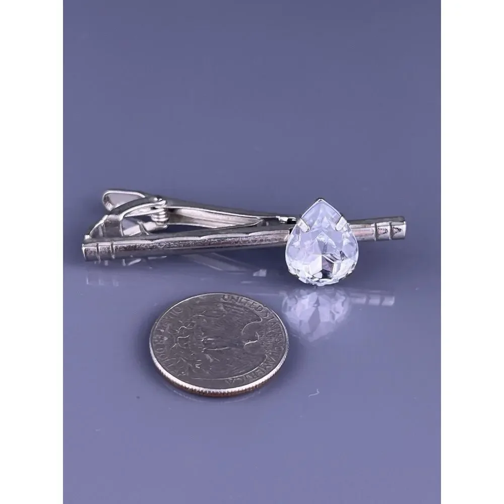 Large White Acrylic Teardrop Cufflinks Tie Clip Pin Set Silver Tone Vintage